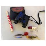 Jason Graphite Binoculars Model 234F with Case and Vintage Fishing Lures