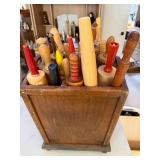 Collection of Vintage Wooden Rolling Pins and Butter Molds in Wooden Caddy
