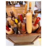Collection of Vintage Wooden Rolling Pins and Butter Molds in Wooden Caddy