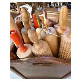 Collection of Vintage Wooden Rolling Pins and Butter Molds in Wooden Caddy