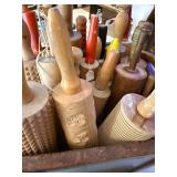 Collection of Vintage Wooden Rolling Pins and Butter Molds in Wooden Caddy