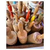 Collection of Vintage Wooden Rolling Pins and Butter Molds in Wooden Caddy