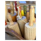 Collection of Vintage Wooden Rolling Pins and Butter Molds in Wooden Caddy