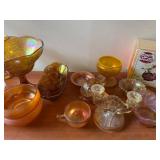 Collection of Vintage Iridescent Carnival Glass Bowls, Cups, and Decor