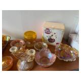 Collection of Vintage Iridescent Carnival Glass Bowls, Cups, and Decor