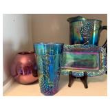 Set of Carnival Glass Drinkware and Serving Pieces with Grape Design