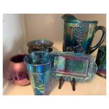 Set of Carnival Glass Drinkware and Serving Pieces with Grape Design