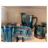 Set of Carnival Glass Drinkware and Serving Pieces with Grape Design