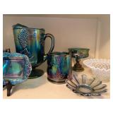 Set of Carnival Glass Drinkware and Serving Pieces with Grape Design