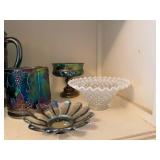 Set of Carnival Glass Drinkware and Serving Pieces with Grape Design