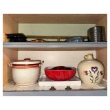 Vintage Kitchenware and Collectibles Assortment with Crock, Bowls, Jug, and Decorative Box