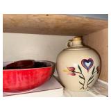 Vintage Kitchenware and Collectibles Assortment with Crock, Bowls, Jug, and Decorative Box