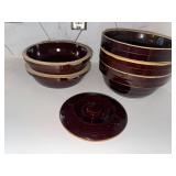 Set of 5 Brown Glazed Stoneware Mixing Bowls with Lid