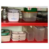 Collection of Kitchen Storage Containers, Bakeware, and Mixing Bowls