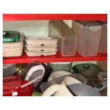 Collection of Kitchen Storage Containers, Bakeware, and Mixing Bowls