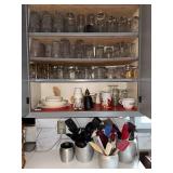 Large Collection of Glass Drinkware, Dishes, and Kitchen Utensils