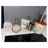 Kitchenware Collection with Vintage Tin, Canister, Utensil Holders, and Spice Shakers