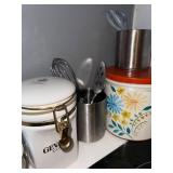 Kitchenware Collection with Vintage Tin, Canister, Utensil Holders, and Spice Shakers
