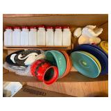 Collection of Colorful Dishes, Vintage Kitchenware and Spice Rack