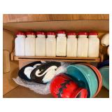 Collection of Colorful Dishes, Vintage Kitchenware and Spice Rack