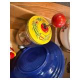 Collection of Colorful Dishes, Vintage Kitchenware and Spice Rack