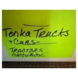 Box of Vintage Tonka Trucks, Cars, and Matchbox Tractors Assortment