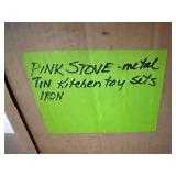 Vintage Metal Pink Toy Kitchen Set with Stove, Tinware, and Iron