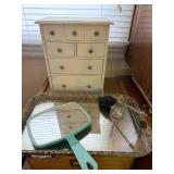 Decorative White Jewelry Organizer with Mirror, Vintage Glass Atomizer, and Mirrored Tray