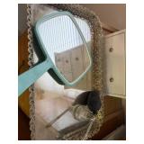 Decorative White Jewelry Organizer with Mirror, Vintage Glass Atomizer, and Mirrored Tray