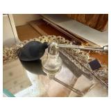 Decorative White Jewelry Organizer with Mirror, Vintage Glass Atomizer, and Mirrored Tray