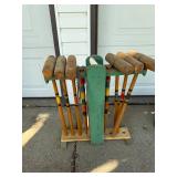 Vintage Wooden Croquet Set with Mallets, Balls, and Stand