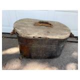 Vintage Galvanized Metal Wash Tub with Wooden Lid and Handles