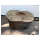 Vintage Galvanized Metal Wash Tub with Wooden Lid and Handles