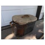 Vintage Galvanized Metal Wash Tub with Wooden Lid and Handles