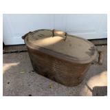 Vintage Metal Wash Tub with Wooden Handles and Lid