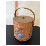 Vintage Wooden Storage Barrel with Painted Floral Design and Handle