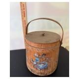 Vintage Wooden Storage Barrel with Painted Floral Design and Handle