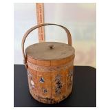 Vintage Wooden Storage Barrel with Painted Floral Design and Handle