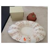 Red Wing USA Embossed Oval Ceramic Platter with Terracotta Bird Waterer and Box