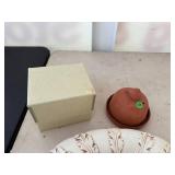 Red Wing USA Embossed Oval Ceramic Platter with Terracotta Bird Waterer and Box