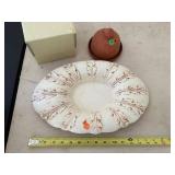 Red Wing USA Embossed Oval Ceramic Platter with Terracotta Bird Waterer and Box