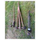 Group of Antique Tools including an Antique Hand Truck and Post Hole Digger