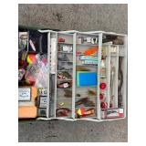 Vintage Fishing Tackle Box with Lures, Floats, Knives, and Accessories