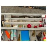 Vintage Fishing Tackle Box with Lures, Floats, Knives, and Accessories
