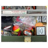 Vintage Fishing Tackle Box with Lures, Floats, Knives, and Accessories
