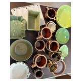 Vintage Pottery and Stoneware Dishware Collection including Mugs, Bowls, and Serving Pieces