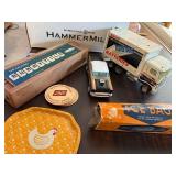 Vintage Tin Trucks, Rummy Tile Game, and Collectibles Assortment