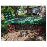 Vintage Wooden Farm Wagon with Red Iron Wheels