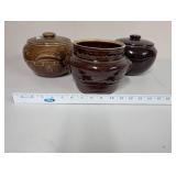 Set of 3 Vintage Brown Stoneware Bean Pots with Lids