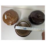 Set of 3 Vintage Brown Stoneware Bean Pots with Lids